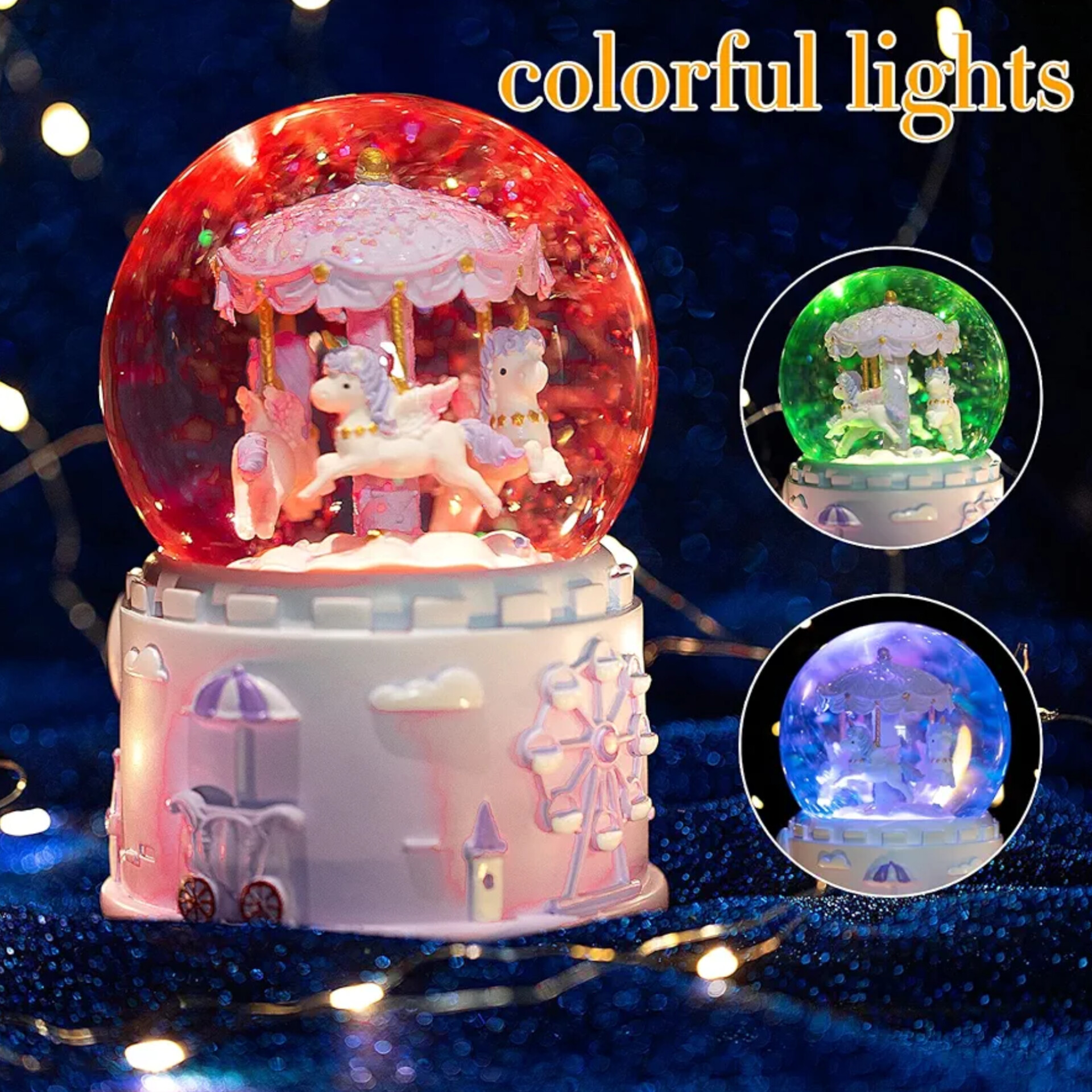 گوی کریستال موزیکال طرح چرخ فلک یونیکورن 